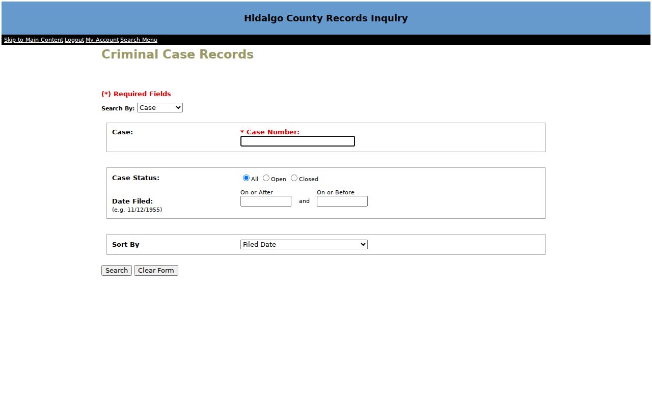 Hidalgo County criminal docket search route and access response