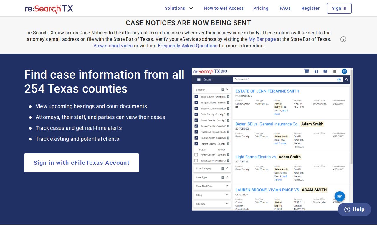 Hidalgo County case lookup through the registered re SearchTX service