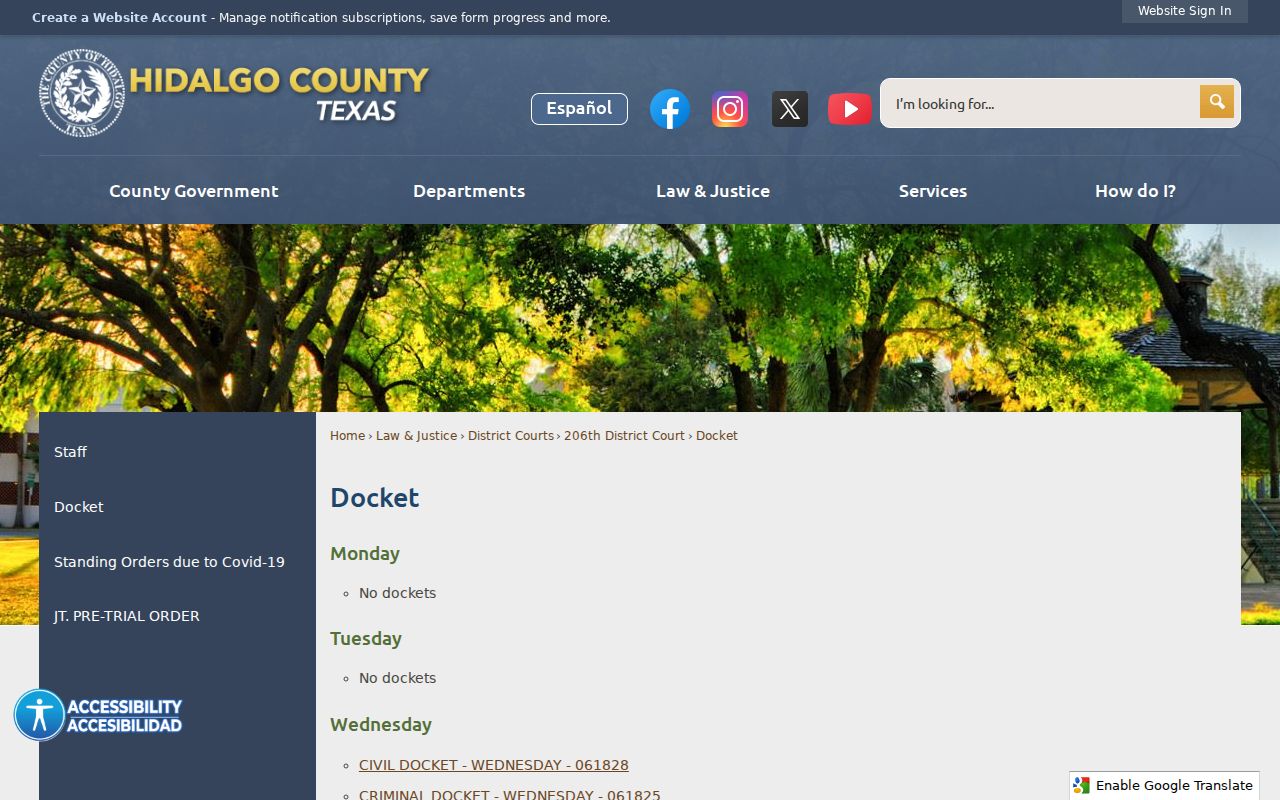 Hidalgo County civil docket PDF links separated by date and case type