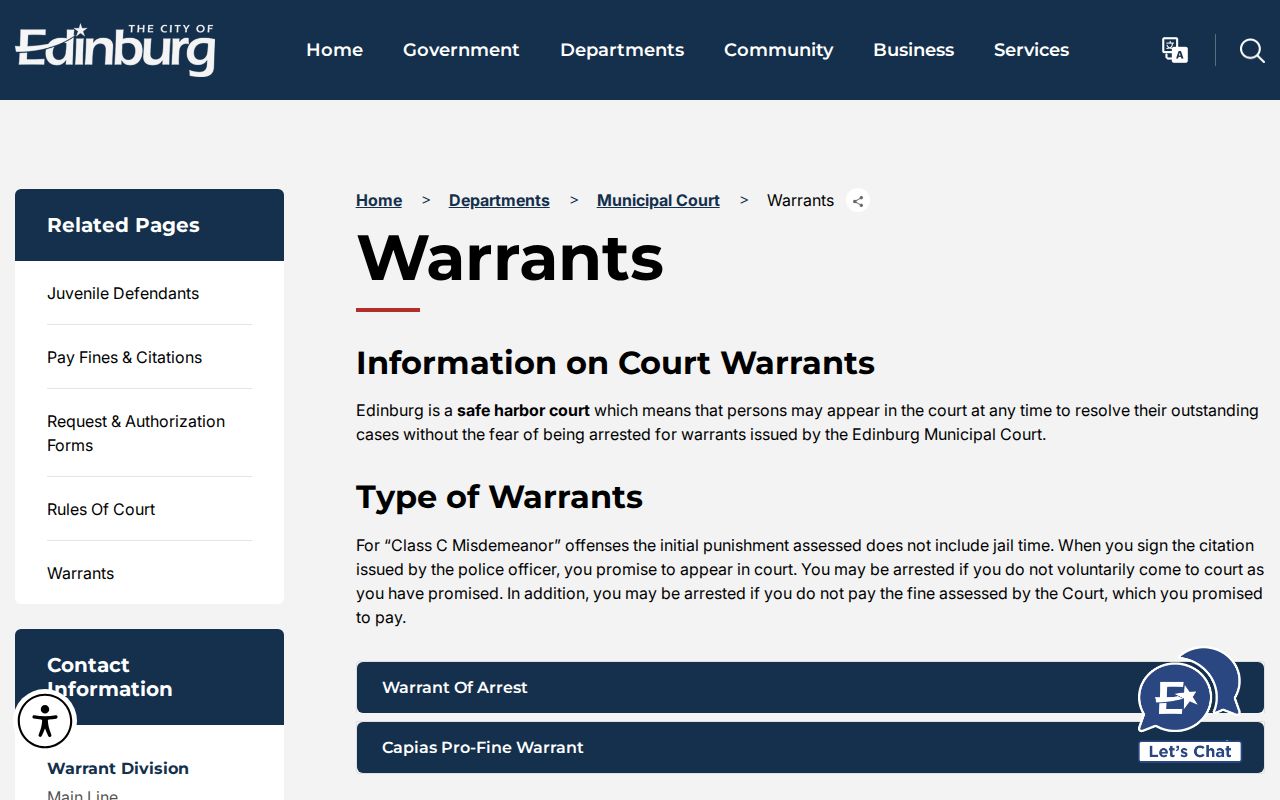 Edinburg court docket warrant and safe-harbor information